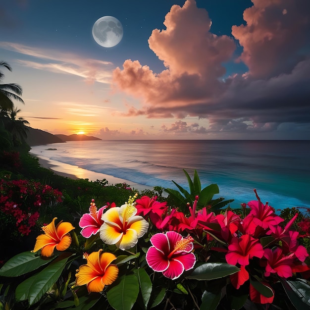 Tropical coast at sunset in bloom with sea