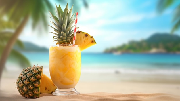 A tropical cocktail on a beach with pineapples and pineapples