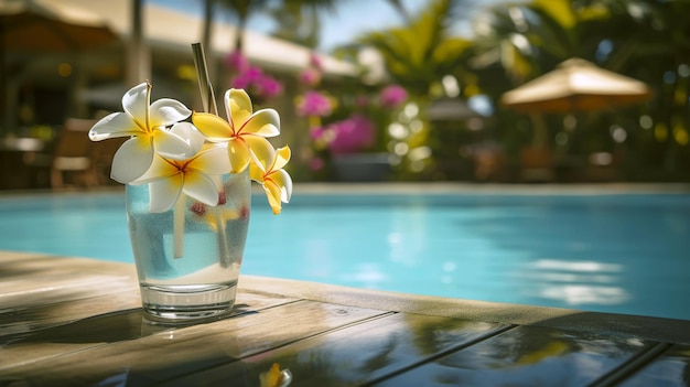 Tropical cocktail decorated with plumeria flowers by the pool Generative AI illustration