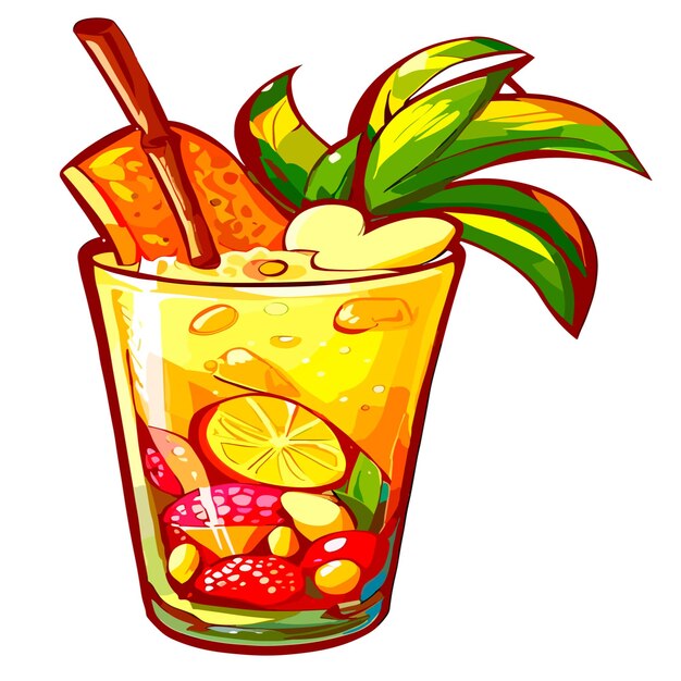 Tropical Cocktail drink with straw and fruits isolated