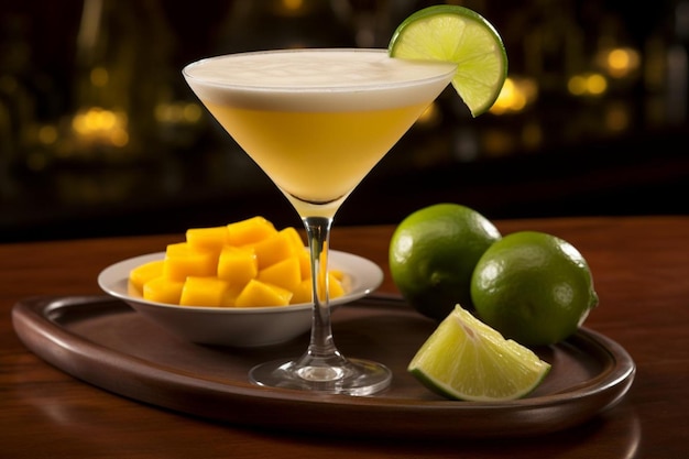 A tropical cocktail garnished with a slice of mango