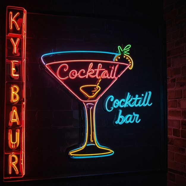 Photo tropical cocktail neon sign summer and vacation design night bright neon sign color billboard light