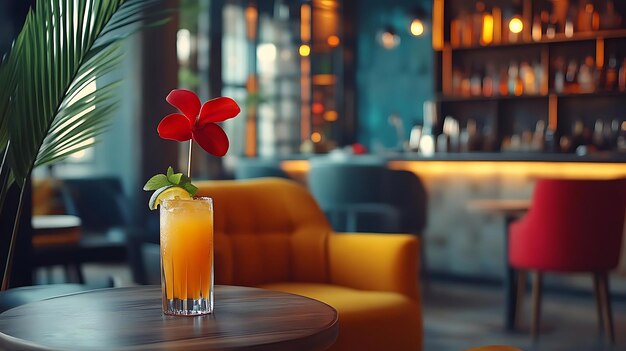 Photo tropical cocktail photo refreshing orange drink bar scene citrus garnish red flower palm leaf table interior design atmosphere happy hour