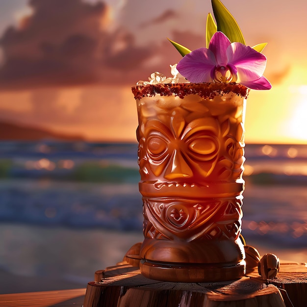 Tropical Cocktail in Tiki Mug with Orchid at Sunset