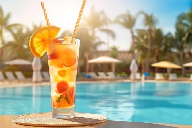 Tropical cocktail with fresh fruits and a colorful straw