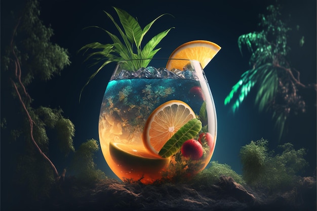 Tropical cocktail with landscape illustration