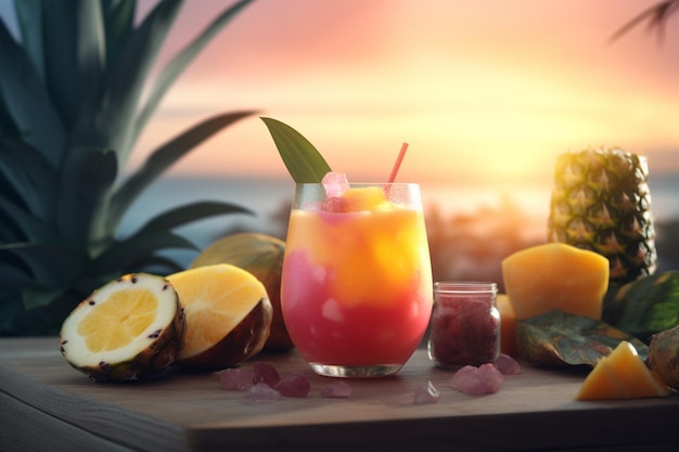 A tropical cocktail with a pink and orange drink and a glass of fruit on a table.