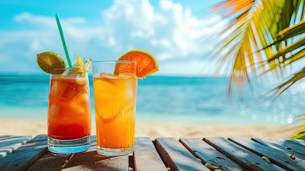 Tropical cocktails on beach table with sea in background Summer vacation