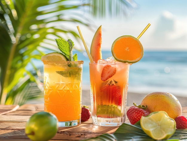 Tropical Cocktails on a Beachside Wooden Table with Fresh Fruits amp Juice