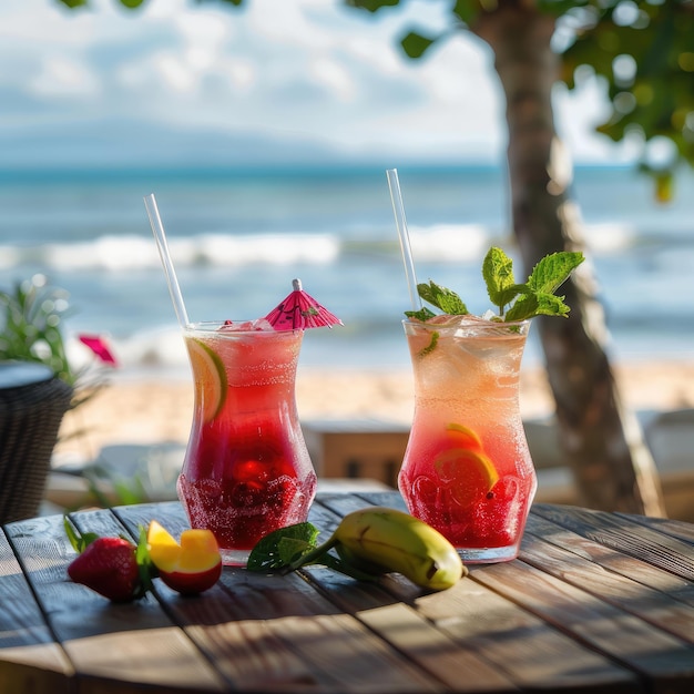 Photo tropical cocktails on a beachside wooden table with fresh fruits amp juice