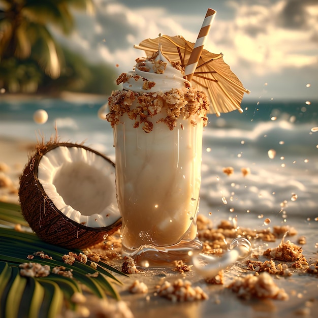 Tropical coconut drink on beach at sunset exotic summer vacation refreshing beverage concept generative AI