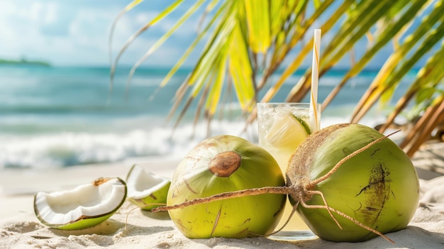 Photo tropical coconut drink on sandy beach