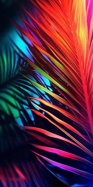 Tropical coconut palm leaves in colorful vibrant bold gradient holographic neon colors