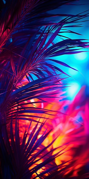 Tropical coconut palm leaves in colorful vibrant bold gradient holographic neon colors