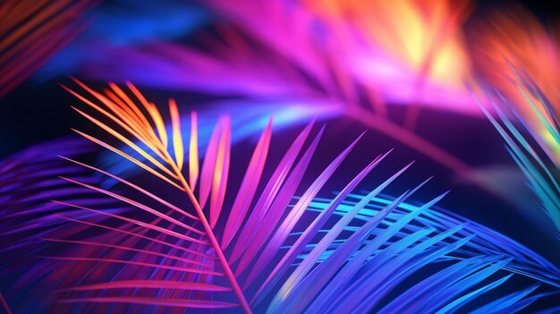 Tropical coconut palm leaves in colorful vibrant bold gradient holographic neon colors