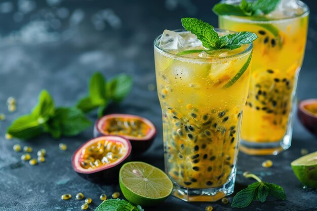 Photo tropical cold summer drink with passionfruit lime and mint