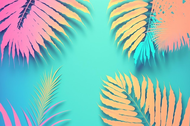 Tropical colorful neon palm leaves floral pattern background with copy space