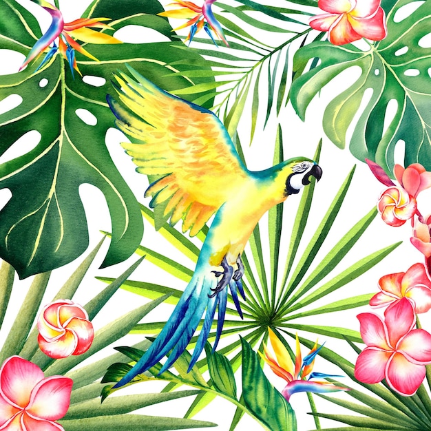 A tropical composition of palm branches and a yellow Macaw parrot Watercolor illustration Exotic birds Monstera Banana leaves