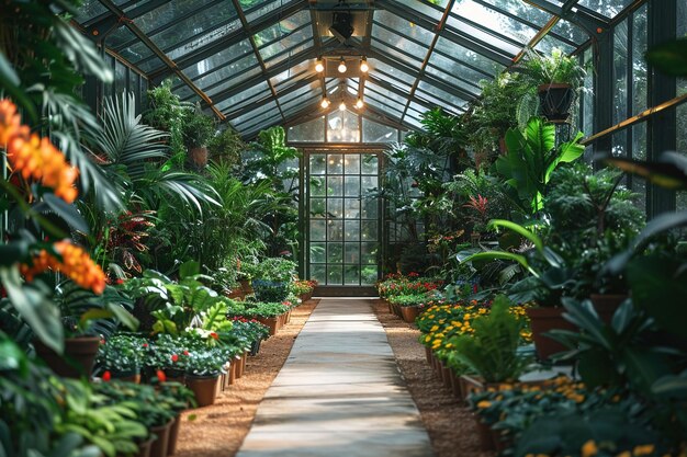 Tropical conservatory with exotic plants and a glass roof