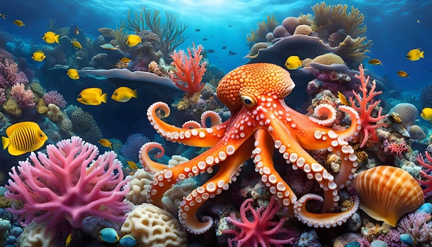 tropical coral reefs deep sea wallpaper with octopus shells fish in the depths of the bay