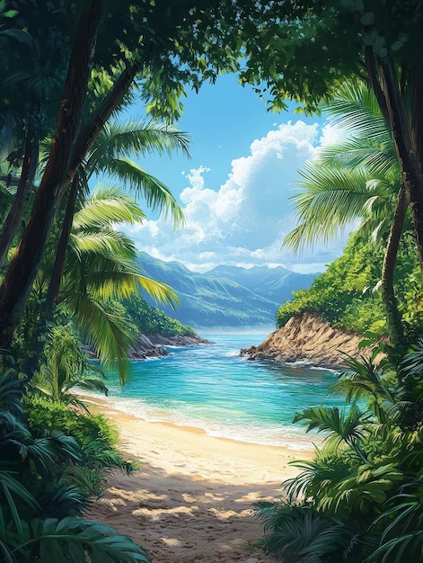 Tropical Cove Framed by Lush Foliage