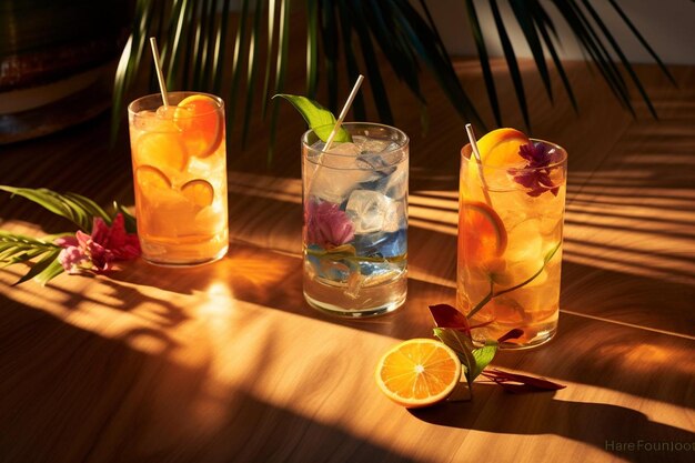 Tropical delights sipping summer vibes under palm leaf shadows