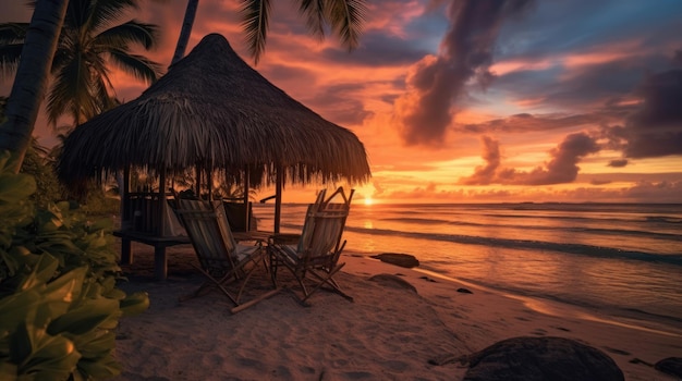 Tropical desert island with a hut on the beach at sunset