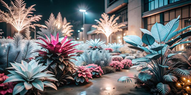 Photo a tropical display of tropical plants is displayed in front of a building