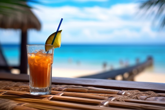 Tropical Drink on a Bamboo Bar by the Ocean