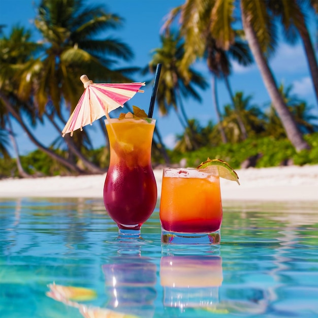 Tropical drink and a pink umbrella sit in the beach