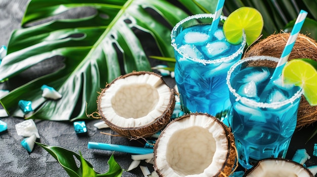 Tropical Drink Setting with Blue Cocktails and Fresh Coconuts