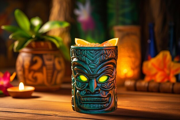 Photo a tropical drink in a tiki glass