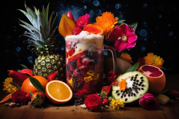 Photo a tropical drink with a blend of exotic fruits