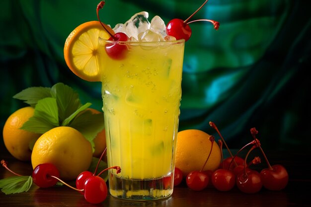 A tropical drink with a cherry and a lemon twist