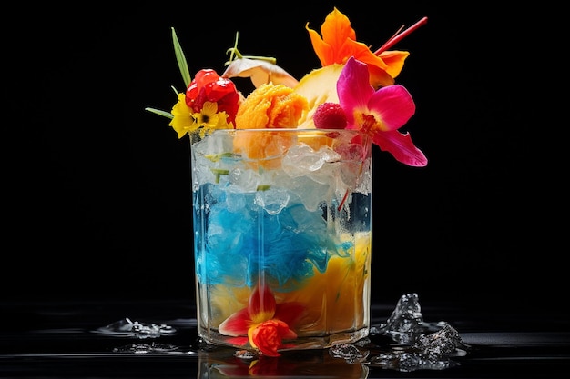 A tropical drink with a layer of crushed ice