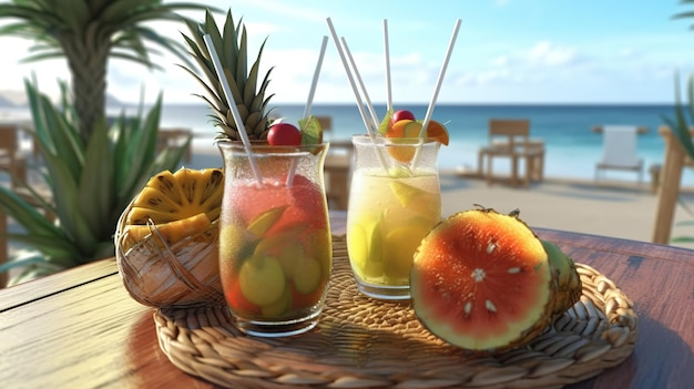 Tropical drinks preparations at a sea beachGenerative Ai