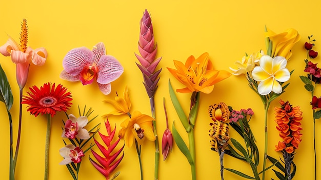 Photo tropical and exotic flowers on a bright yellow background