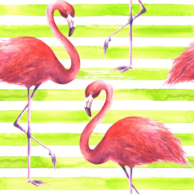 Tropical exotic pink flamingos on horizontal striped lemon green and white background. Watercolor hand drawn illustration. Seamless pattern for wrapping, wallpaper, textile, fabric.