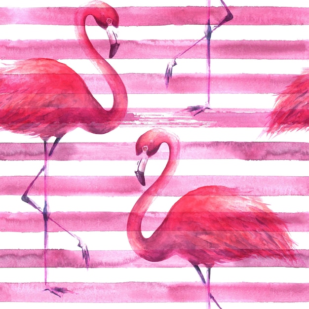 Tropical exotic pink flamingos on horizontal striped pink and white background. Watercolor hand drawn illustration. Seamless pattern for wrapping, wallpaper, textile, fabric.