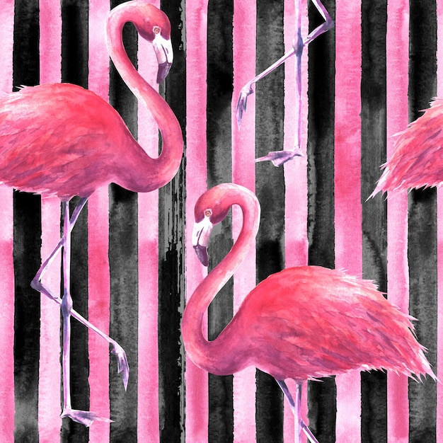 Tropical exotic pink flamingos on vertical striped black and pink background. Watercolor hand drawn illustration. Seamless pattern for wrapping, wallpaper, textile, fabric.