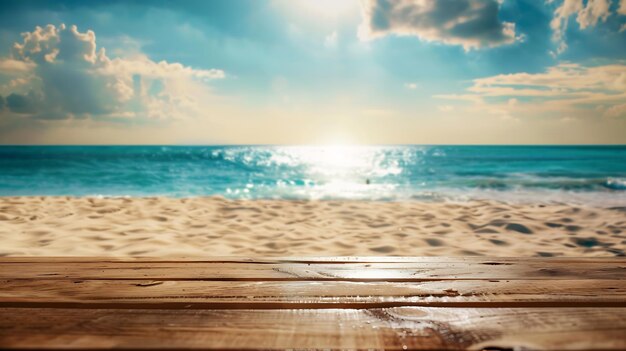 Tropical fine sandy beach with blured sea sun sky clouds background with wooden tabl Generative AI