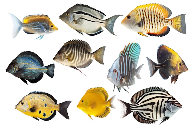 Tropical fish collection isolated on white high quality animals marine life