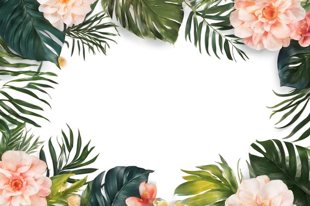 Tropical flora and foliage border on white backdrop