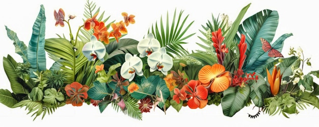 Tropical floral background with leaves and orchids on white