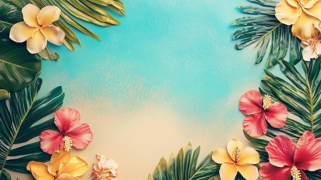 Photo tropical floral background with palm leaves and exotic flowers