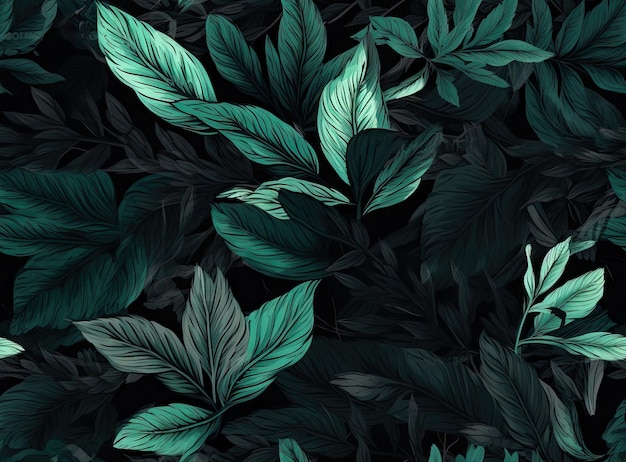 Tropical floral leaves seamless pattern green color on a black jungle background Natural photo collage green color Artistic design for floral print and modern wallpaper