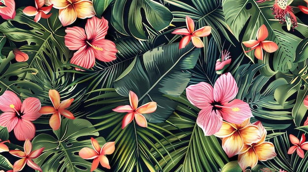 Tropical floral pattern featuring hibiscus plumeria and palm leaves