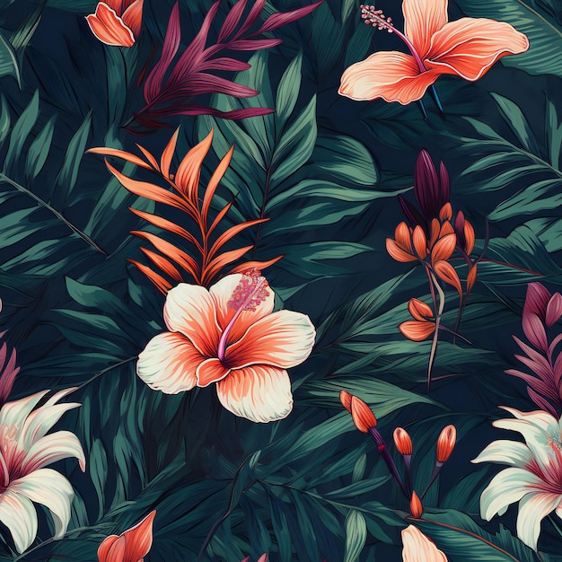 A tropical floral pattern with hibiscus flowers.