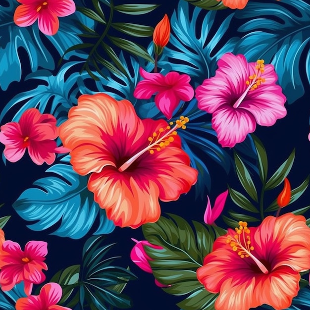 Tropical flowers on a dark blue background.