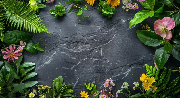 Tropical Flowers and Foliage Arranged on a Black Slate Background